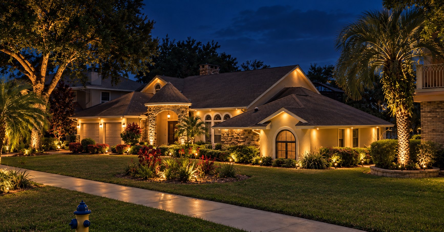 The same home lit at night: warm downlights along the eaves and gables, uplighting on the palms and oak, path lights along the walk, and the stone entry washed in light